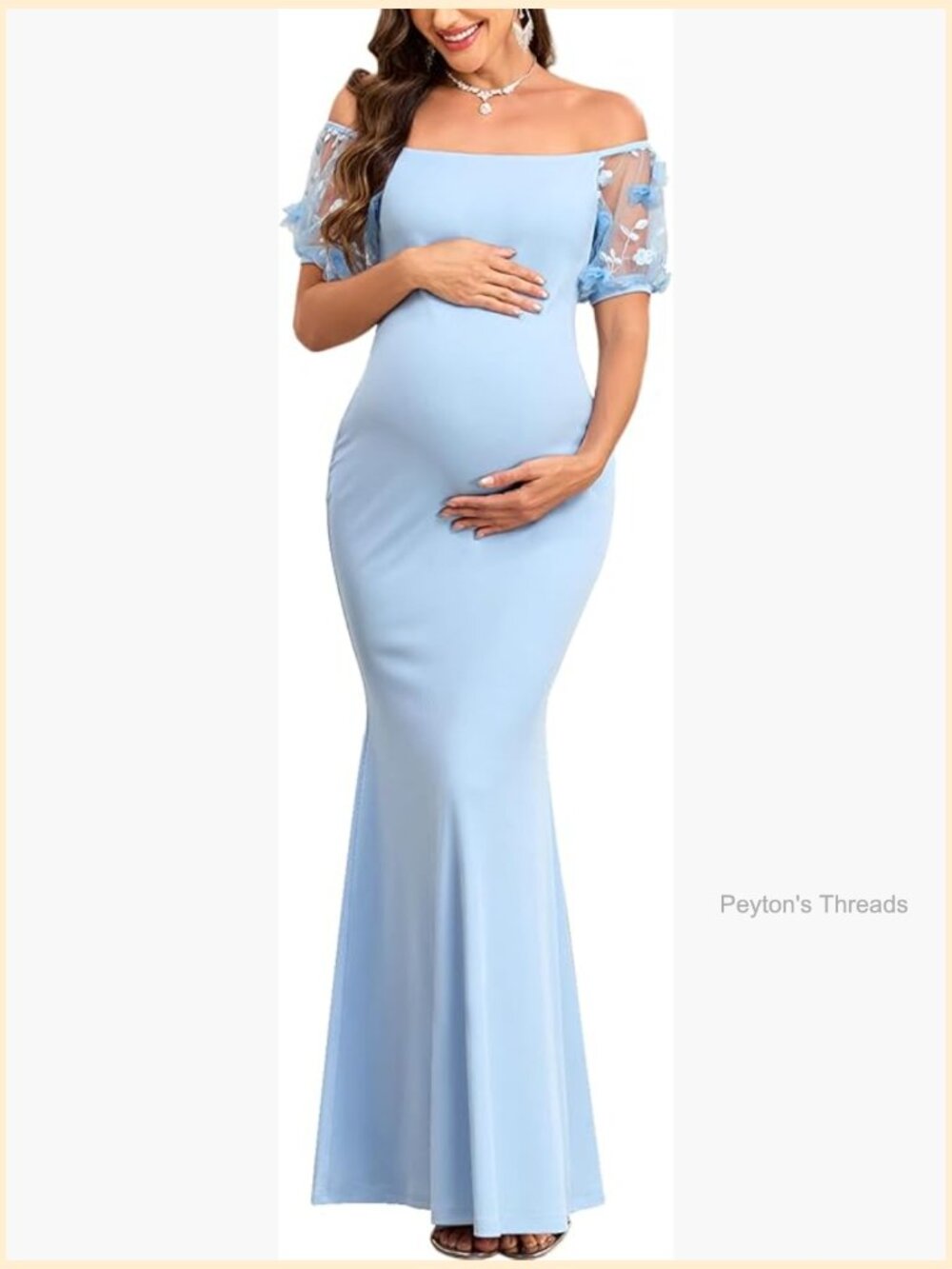 Off Shoulder Maternity Evening Gown 3D Floral Mesh Sleeves Mermaid Maxi Dress